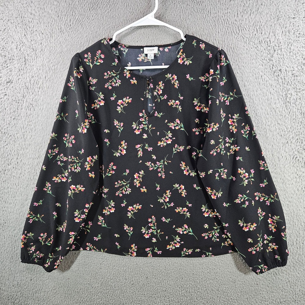 J.Crew Womens Floral Keyhole Blouse Black Long Sleeve Recycled Polyester Size L